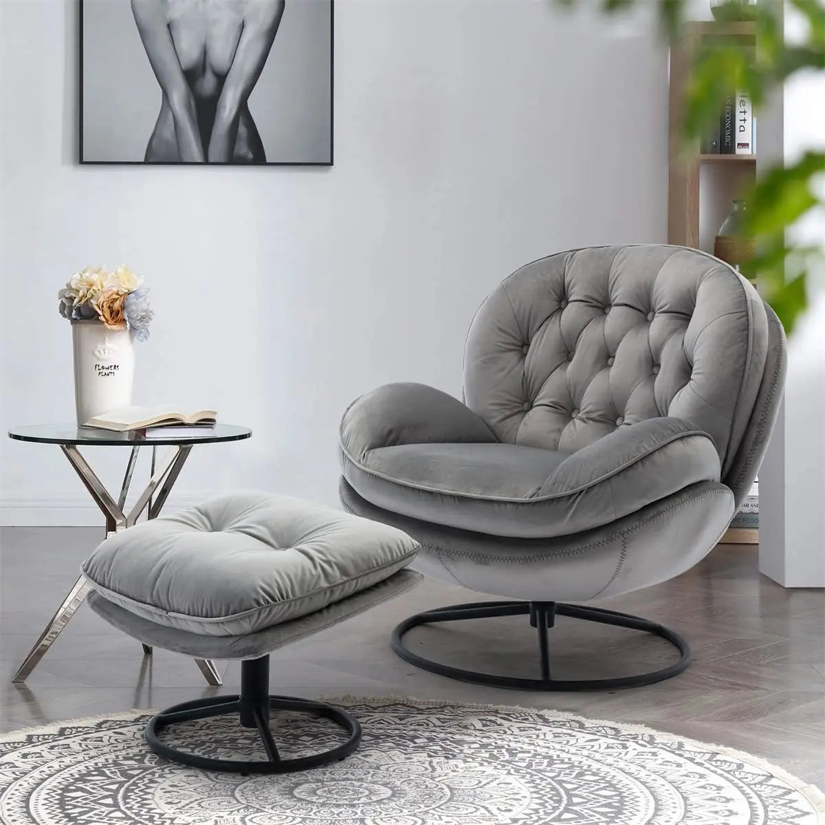Swivel Accent Lounge Chair, Ottoman Set, Velvet Button Tufted Recliner