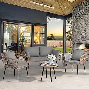 4-Piece Wicker Sectional, All Weather, Cushions, Side Table