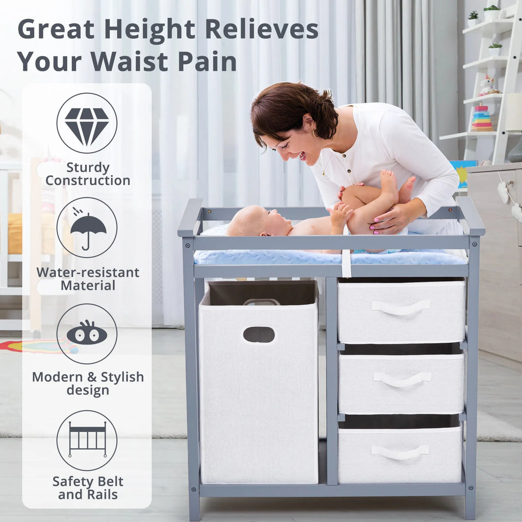 StrollerWooden Baby Changing Table, Wooden Infant Diaper Changing Station Dresser with Laundry Hamper, 3 Drawer Basket and Chang