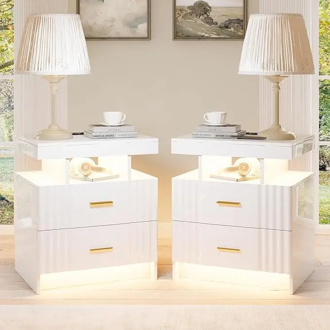 End Tables, Set-2 or Single, Charging Station 3 Drawers Glass Top