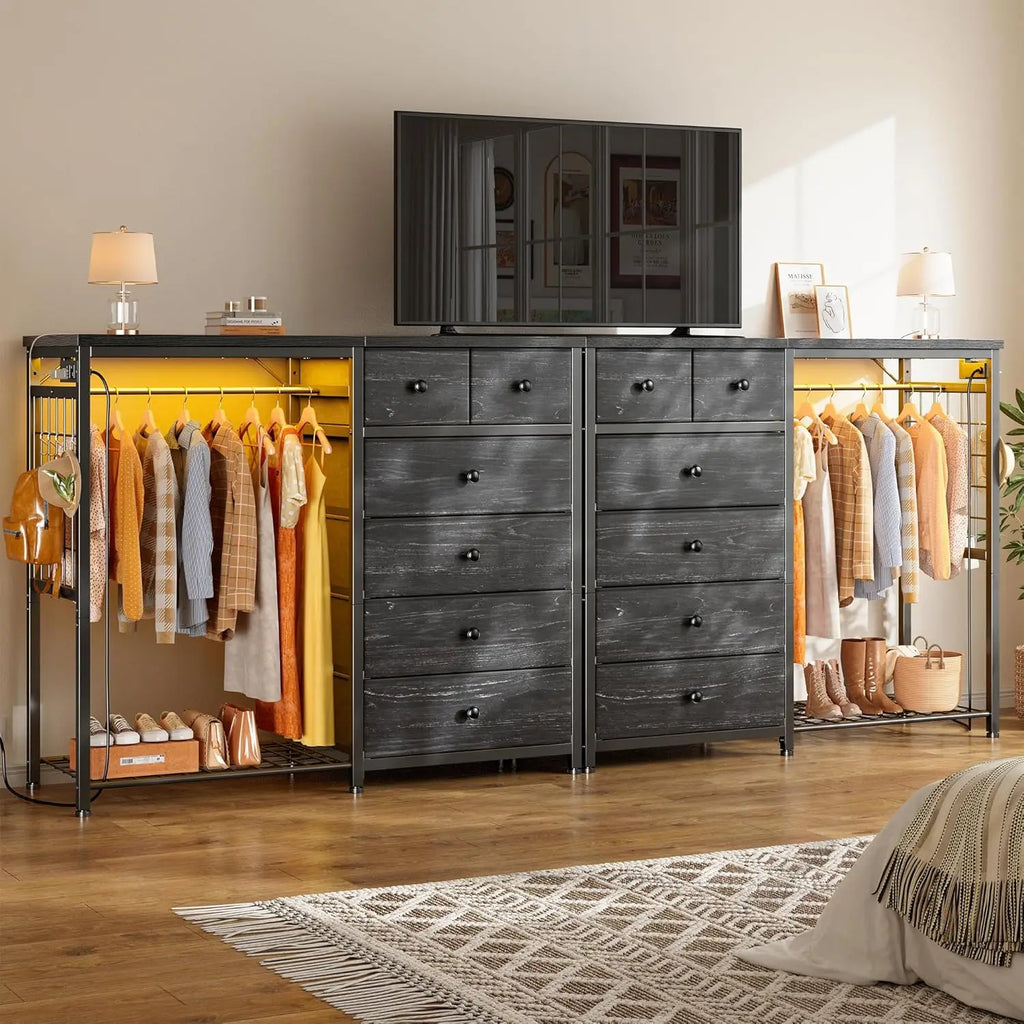 49.2" Dresser w/Hanging Rack, 6 Drawers, LED Lights , Charging Station, Fabric Dressers