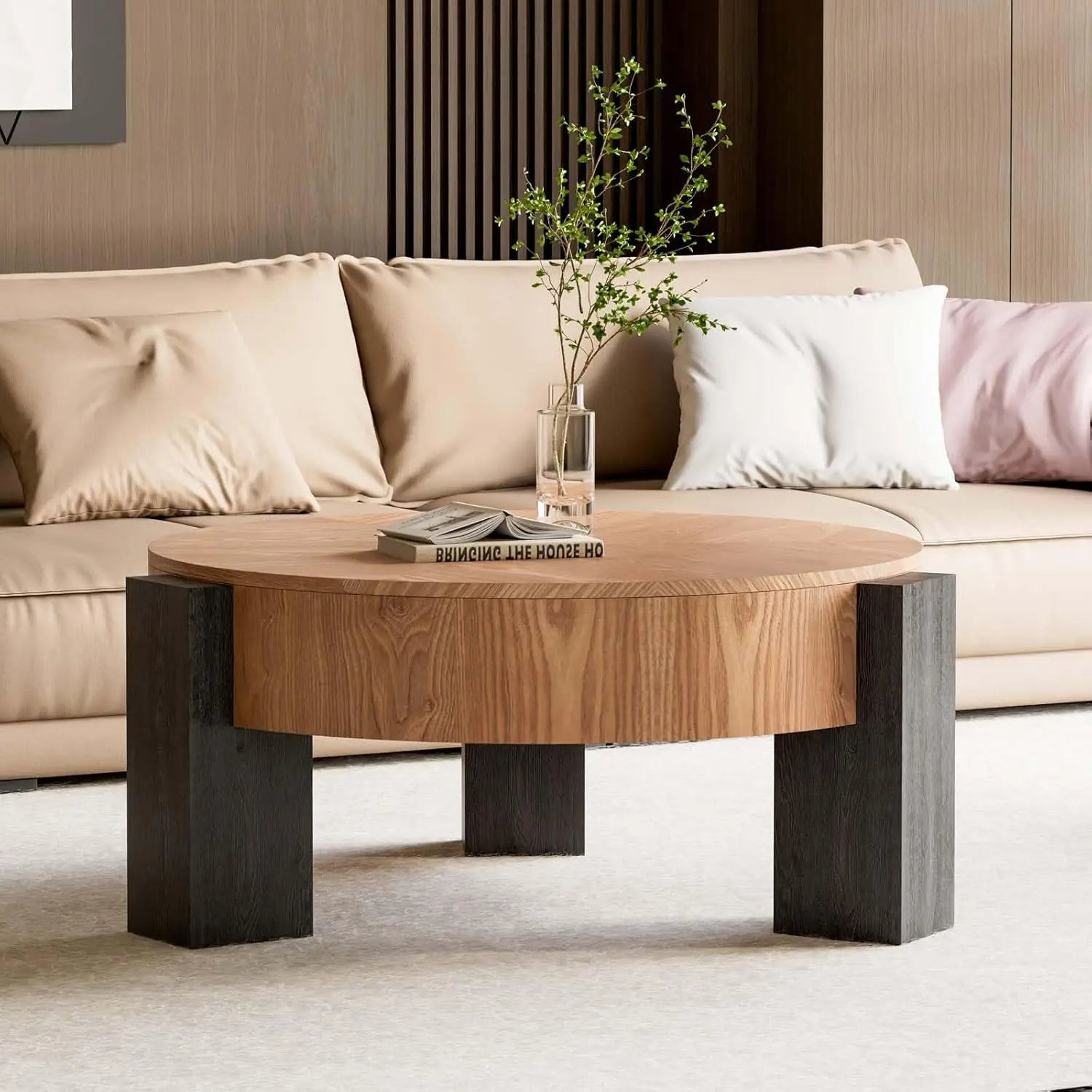 Modern Wabi-Sabi Style Circle Coffee Table Hidden Storage  Wood Center