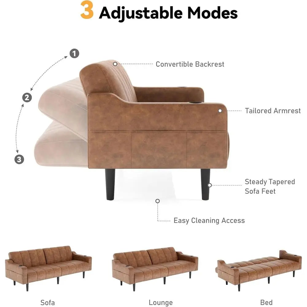 80IN Adjustable Leather Sleeper Sofa Bed, Chocolate Brown