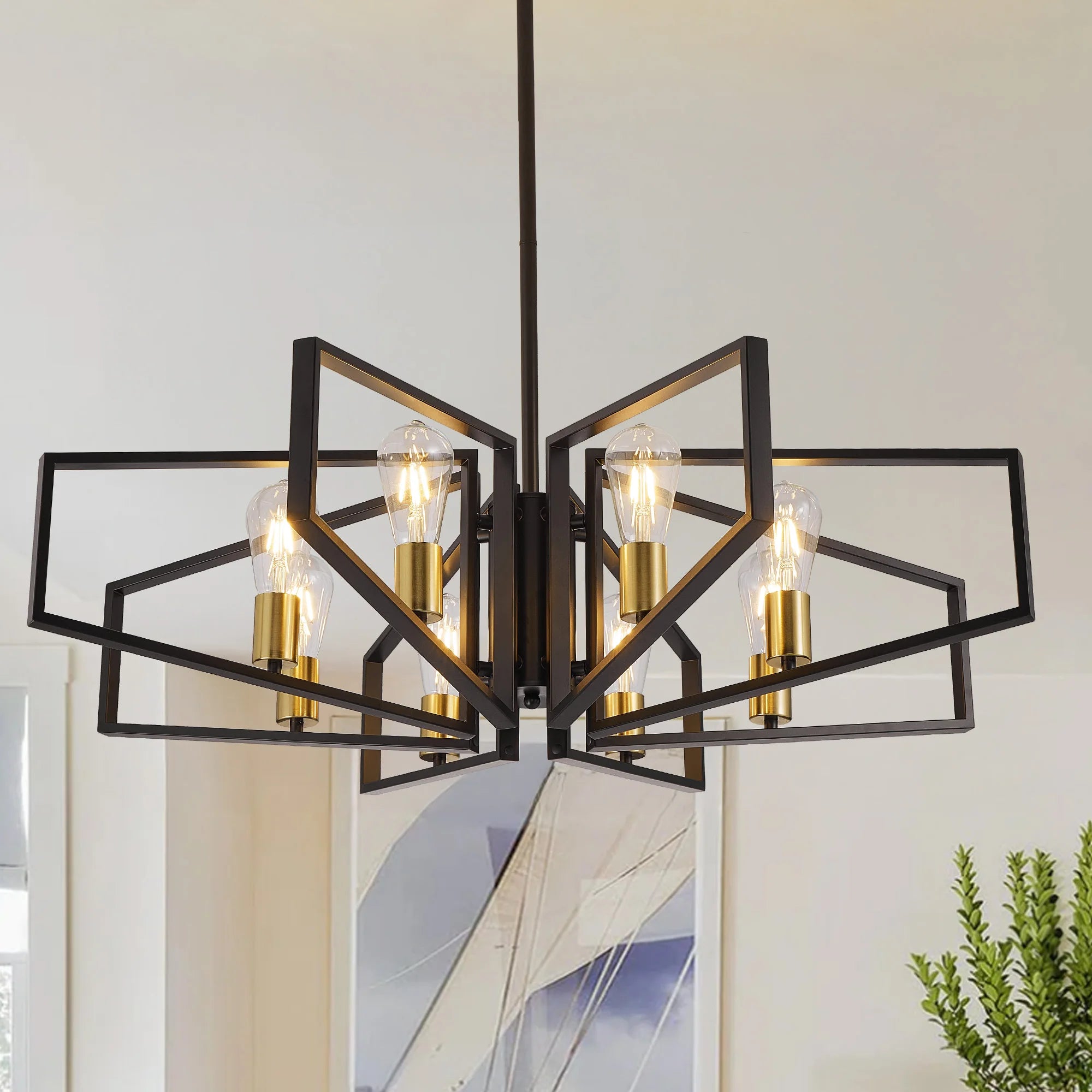 8-Light Chandelier, Adjustable Height, Black Frame, Golden Accents.