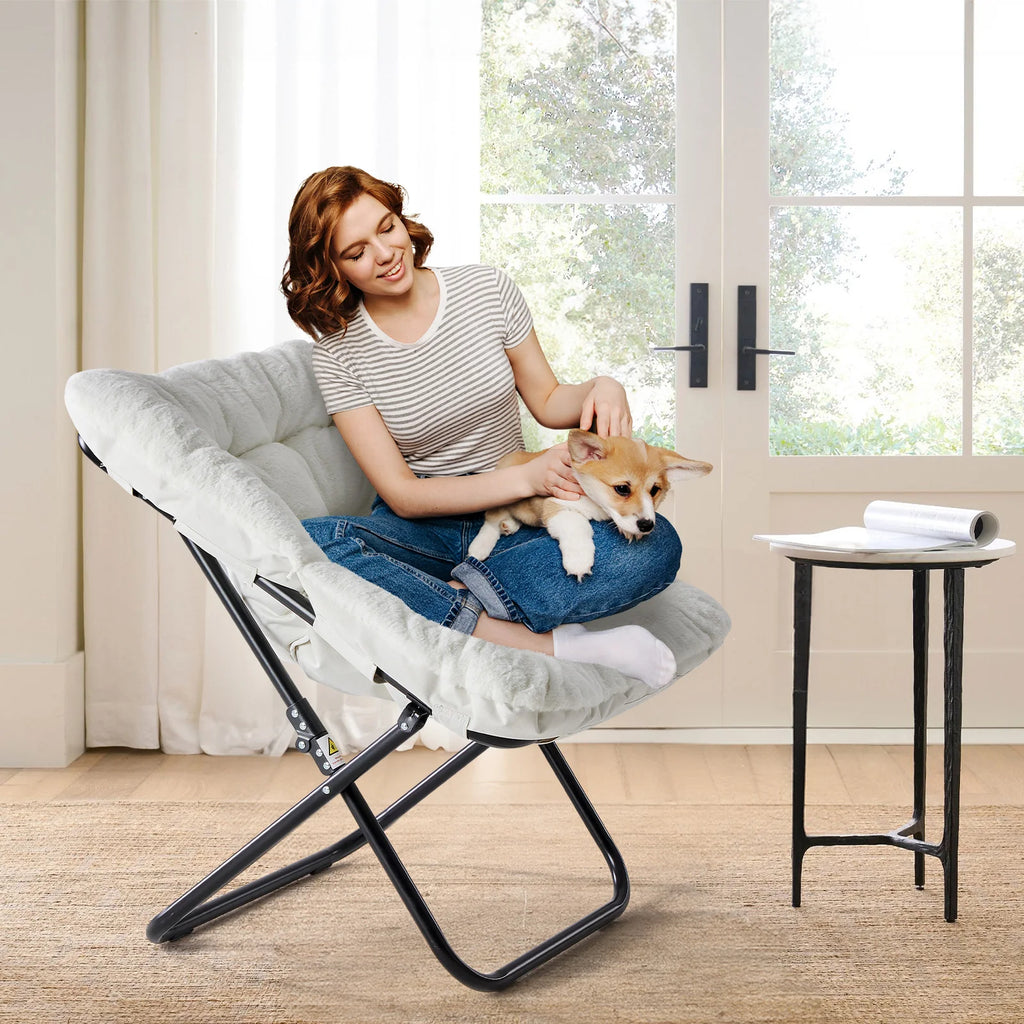 JHK 28IN Saucer Chair Padded Faux Fur Folding Metal Frame