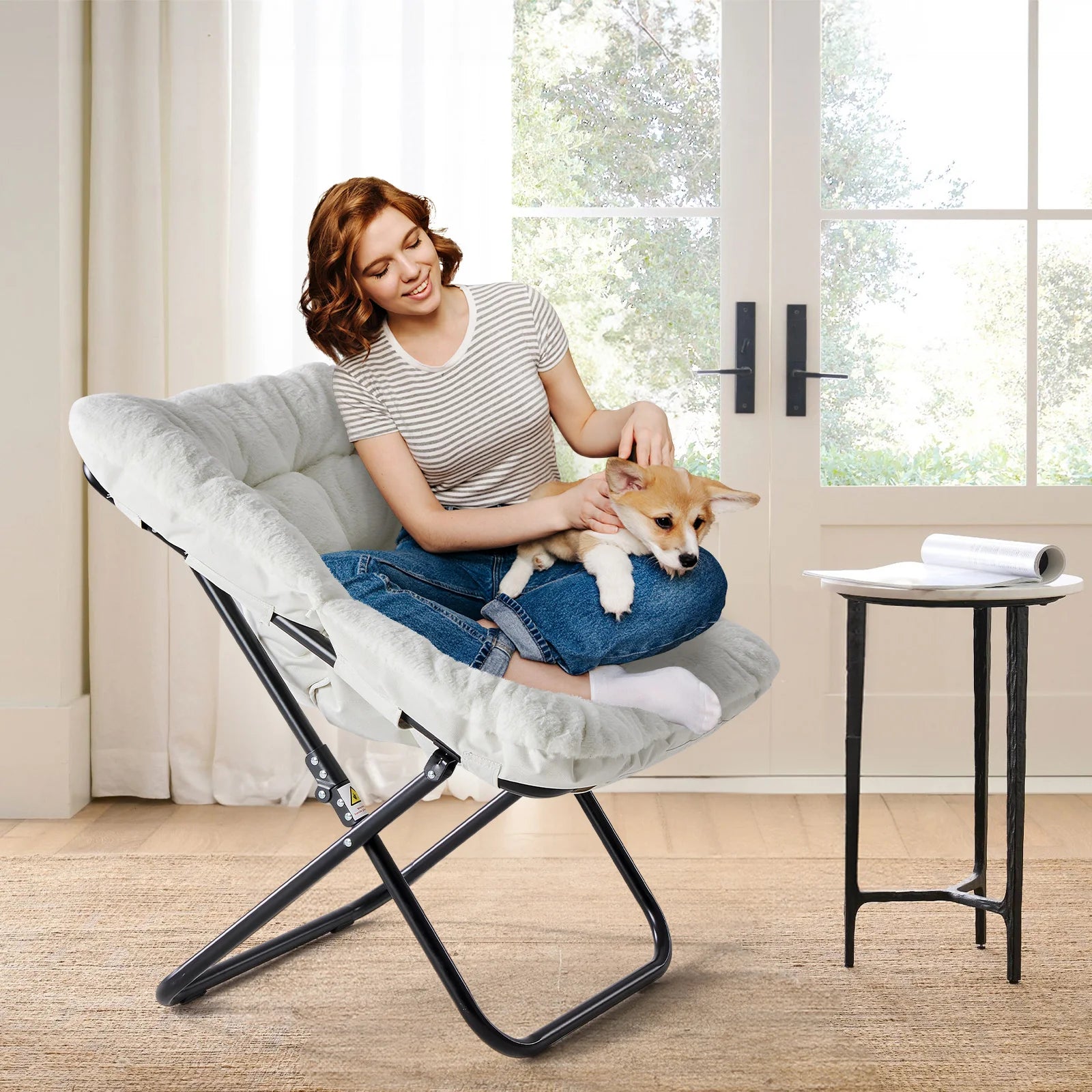 JHK 28IN Saucer Chair Padded Faux Fur Folding Metal Frame