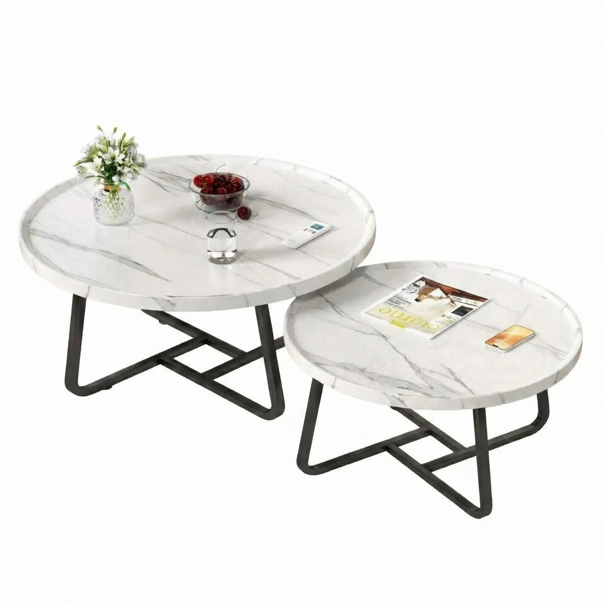 Nesting Coffee Table Set 2 Fluted Round Wood Tables Sturdy