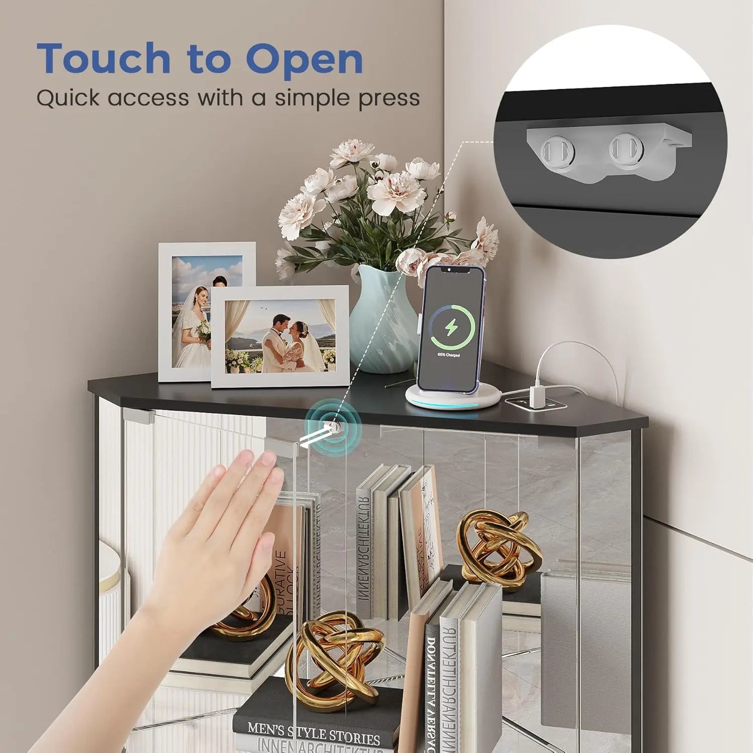 2-Tier Corner Display Cabinet Glass Doors, 3-Color LED Lights Charging Station