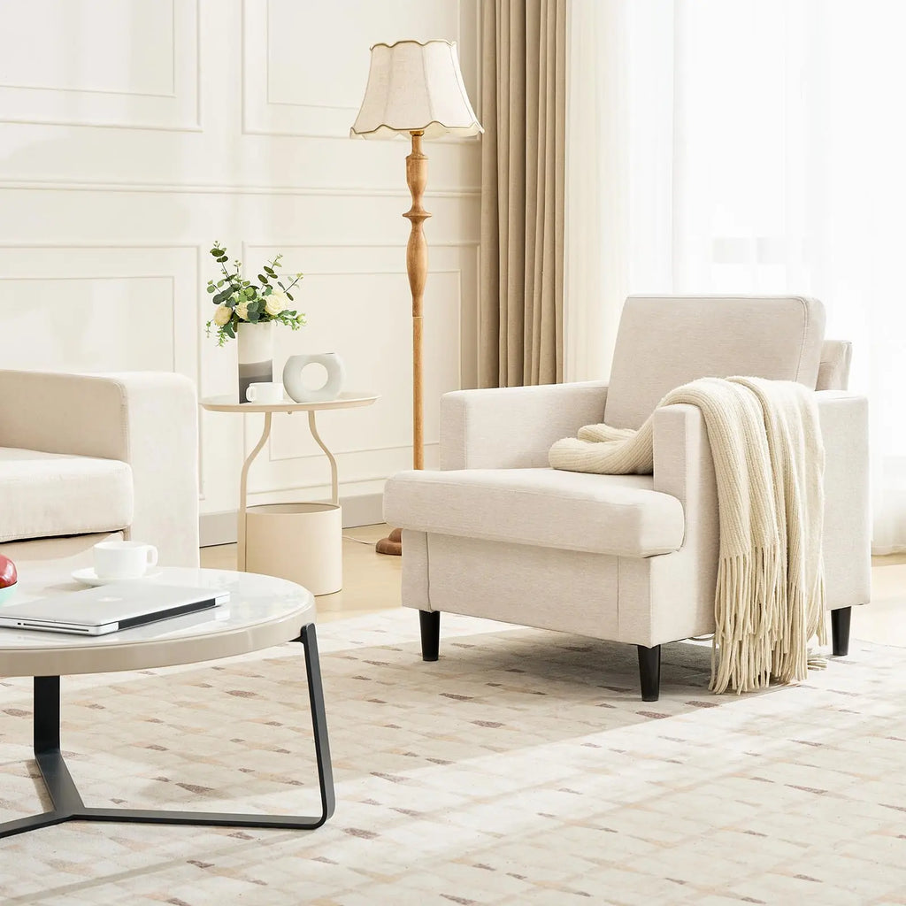 Accent Chair, Linen Soft Thick High Resilience Foam Cushion, Wood Legs