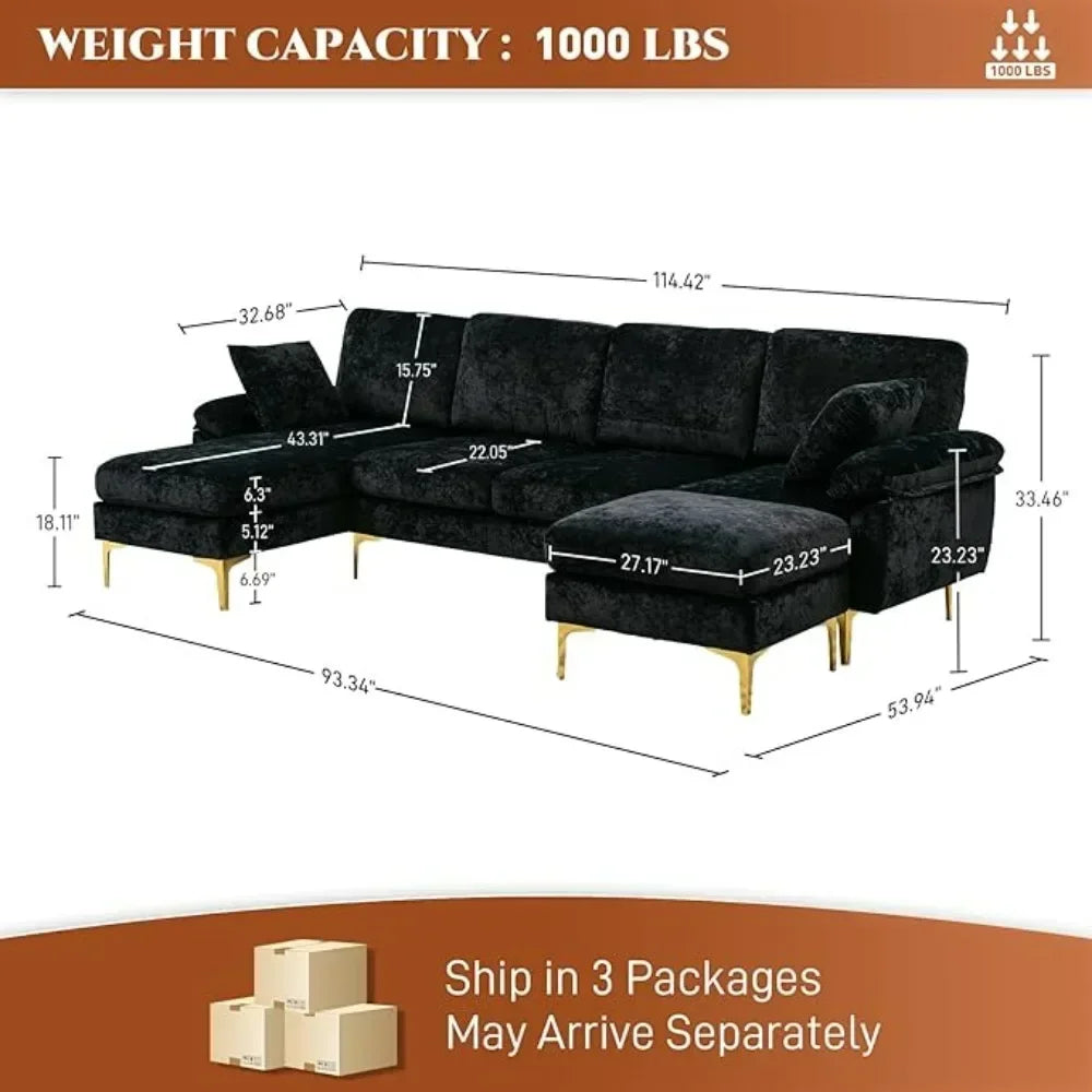 Velvet U-Shaped Convertible To L-Shaped Sectional 4 Seat Sofa