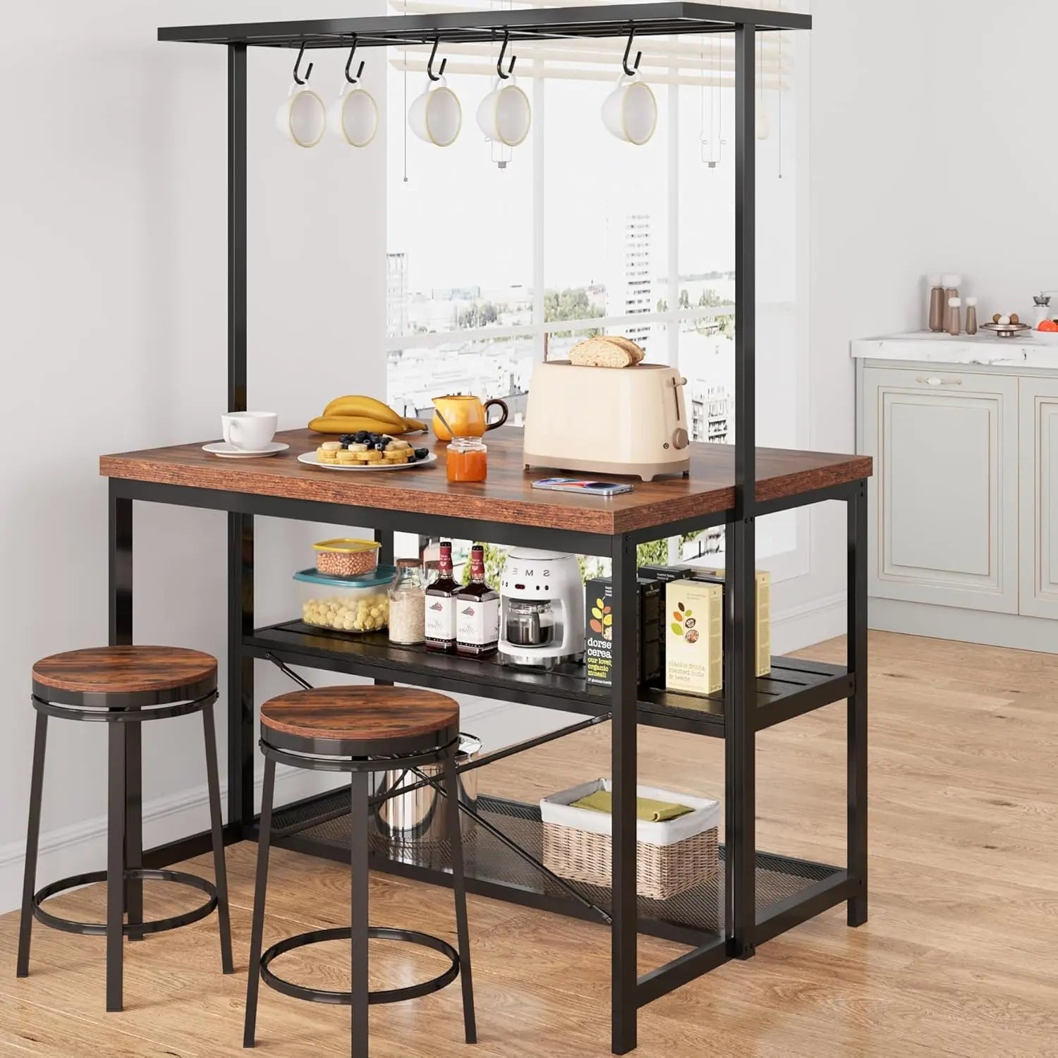 42" Island Storage Seating, 3-Tier Baker's Rack, Microwave Stand, Hooks 50lb Capacity