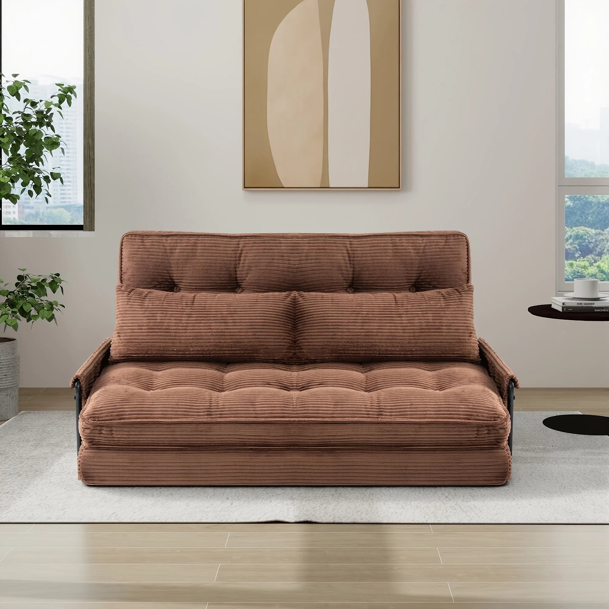 Convertible Foldable Sleeper Chair Memory Foam Corduroy Fabric Metal Frame