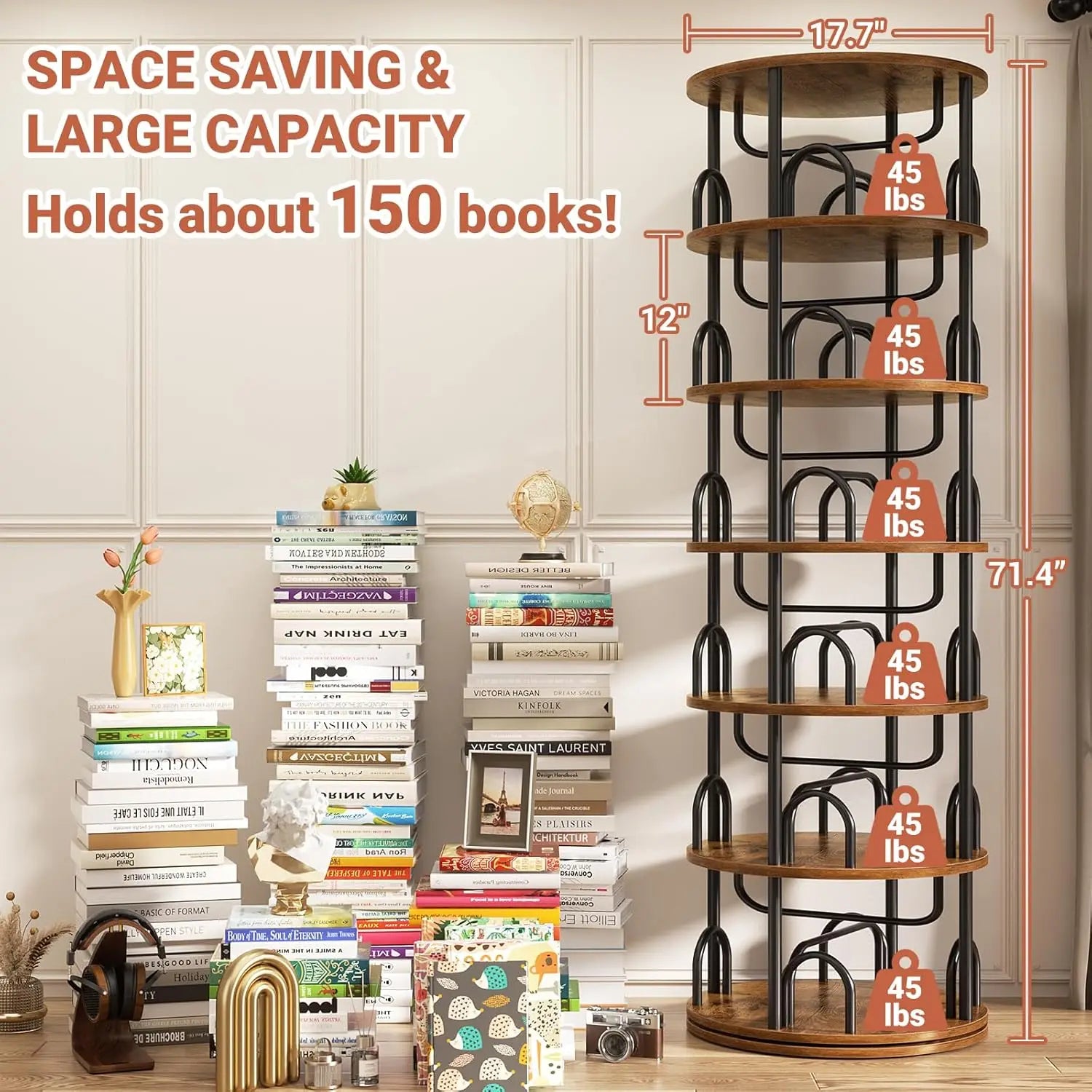 6-Tier Rotating Tower, 360° Spinning Bookcase, Narrow Swivel Organizer