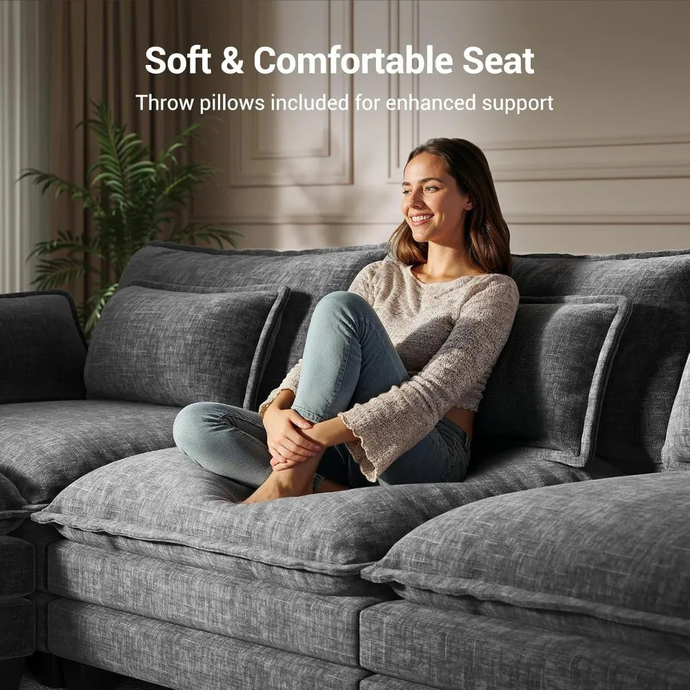 U-Shaped Modular Sectional, Movable Ottoman, 5-Seat Chenille Deep Seat Couch Pillows