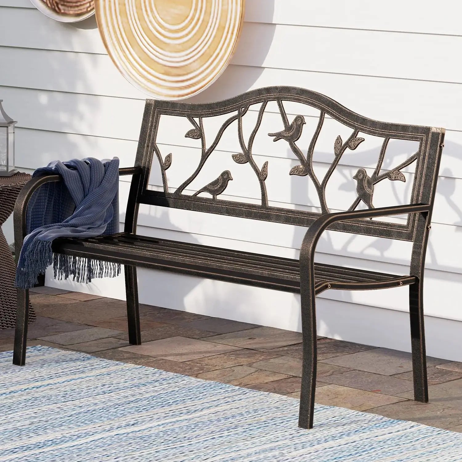 50in Copper Cast Iron Steel Bench, Chair w/Floral Backrest Slatted Seat
