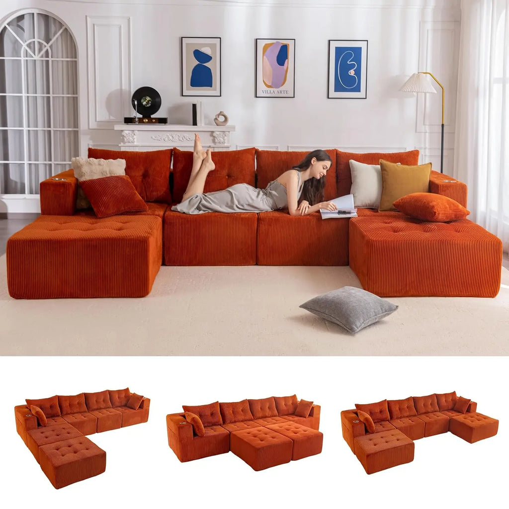 129.5" U Shaped Sectional, 2 Ottomans, Tufted Cloud 6 Seat Sleeper