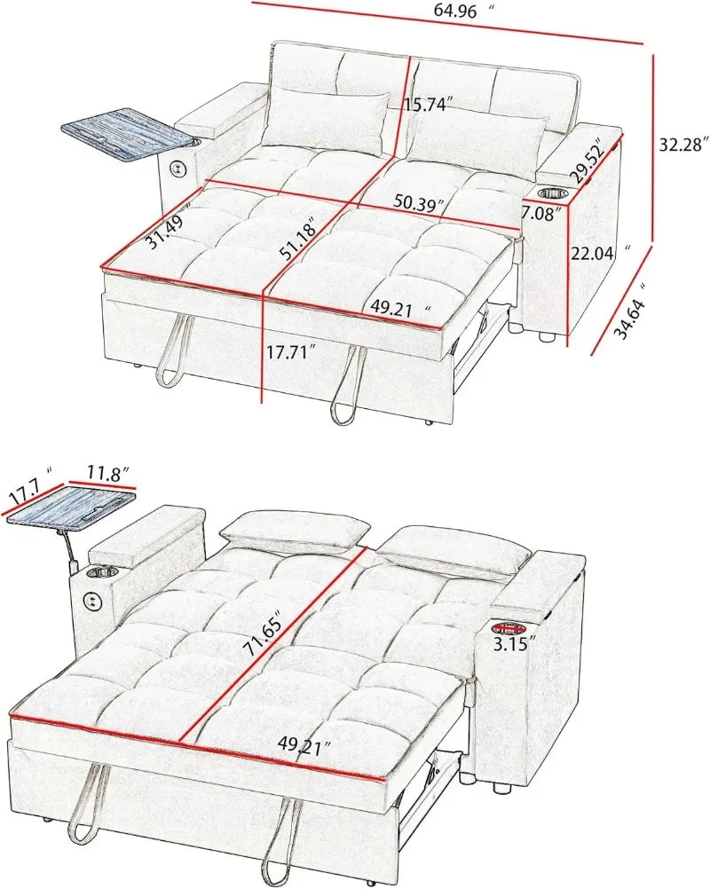 65'' 3-in-1 Folding, Pullout, Convertible Sofa Bed, 360° Swivel Side Table