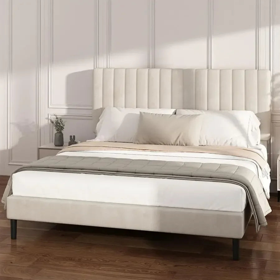 Velvet Platform Frame Vertical Tufted Headboard, No Box Spring Needed