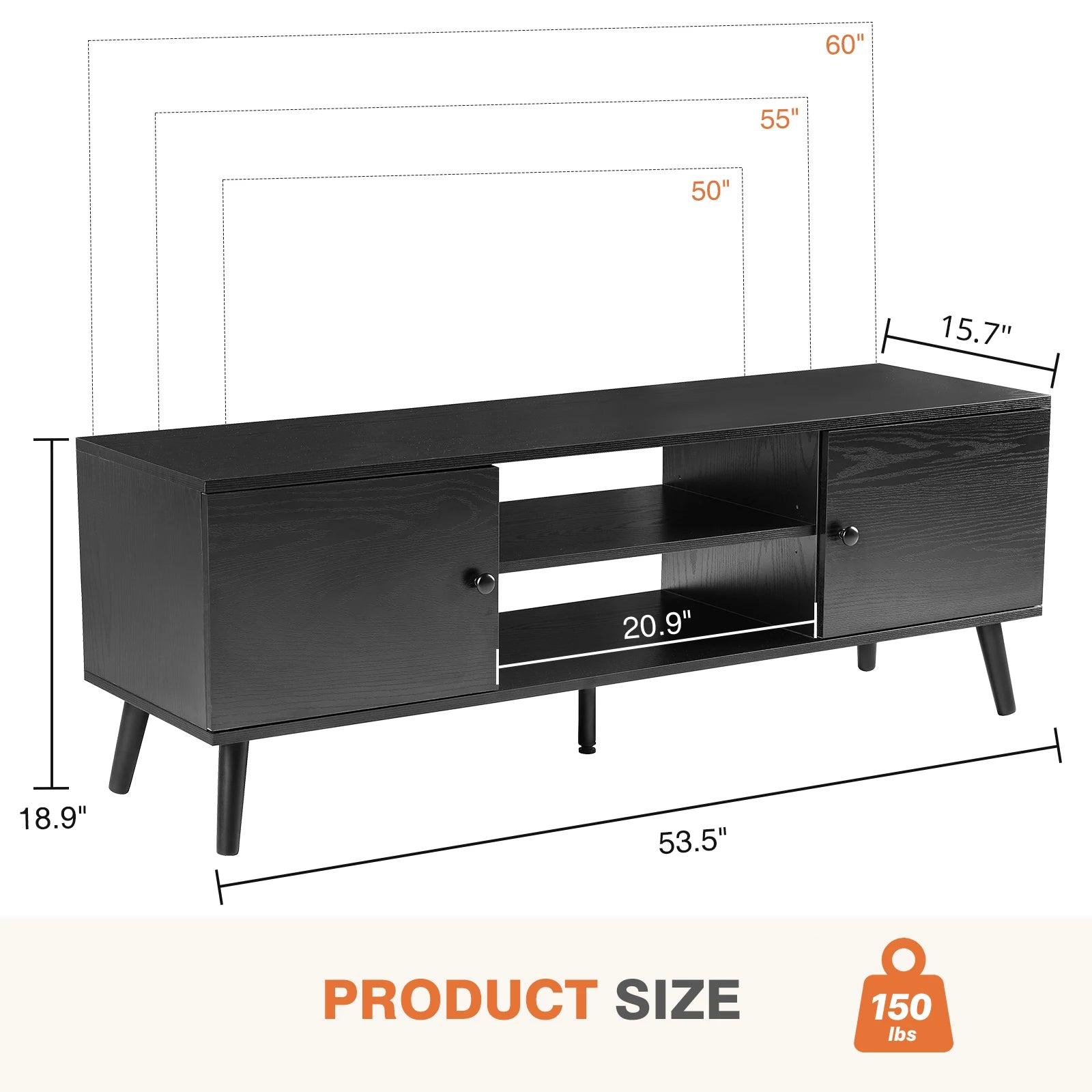 Wooden TV Stand For Up To 60 Inch TV's, Adjustable Shelf, 2 Storage