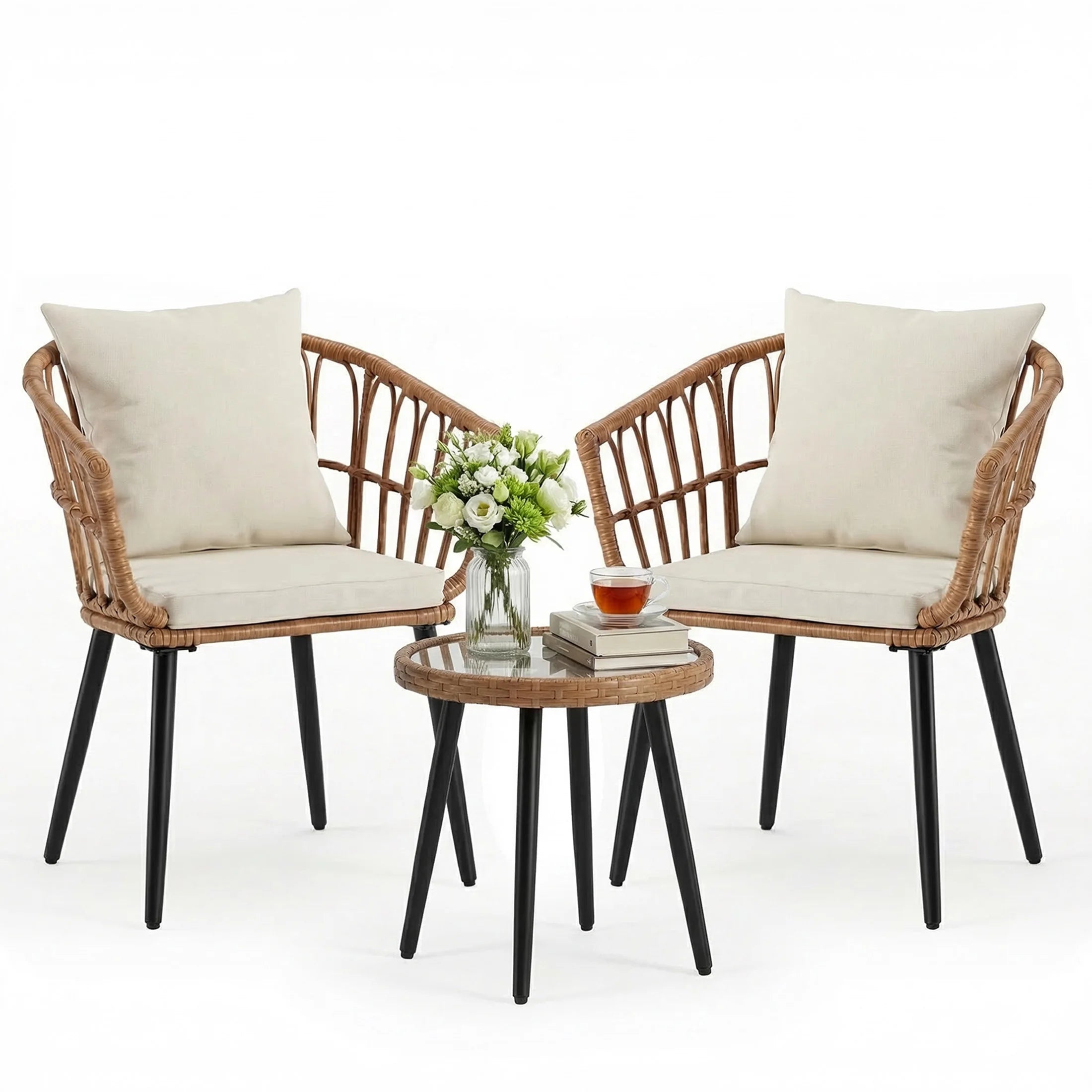 3 Pieces Wicker Set Soft Cushion Glass Steel Frame Table
