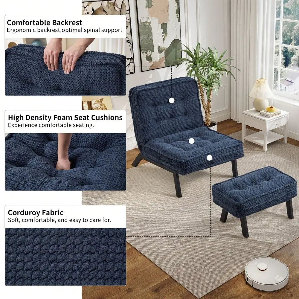 Armless Lounge Chair, Ottoman, Comfortable Padded Seat, Wood Legs