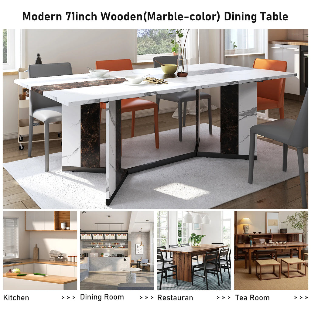 71IN Rectangular Table for 4-10 people, Marble Color Wood Tabletop, Metal Legs