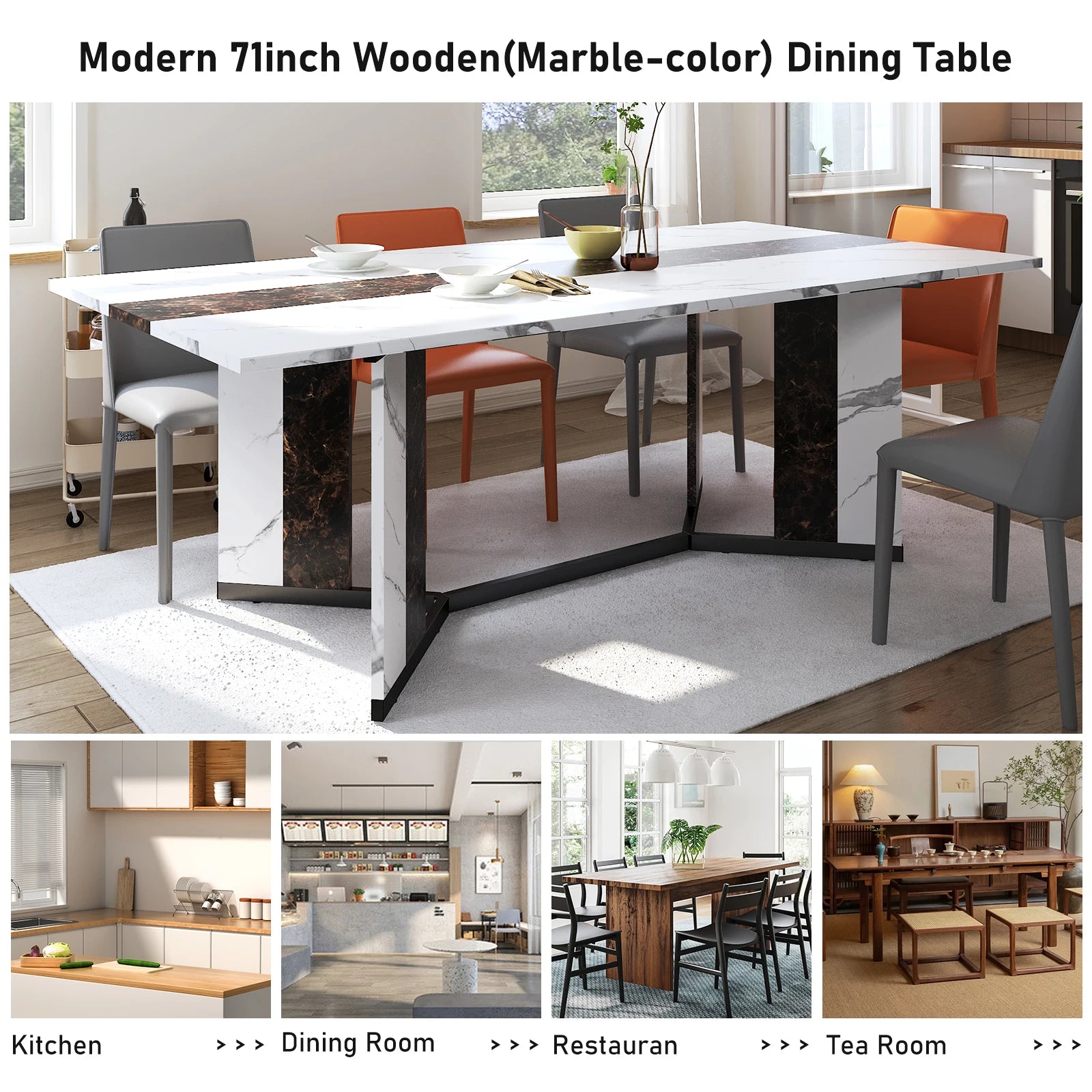 71IN Rectangular Table for 4-10 people, Marble Color Wood Tabletop, Metal Legs