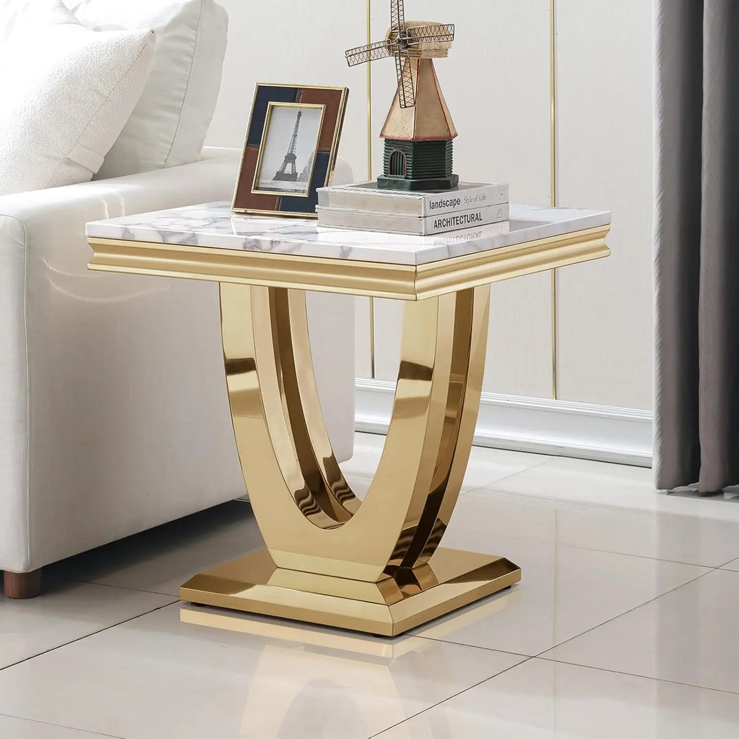 Luxury White Faux Marble End Table, Side Table U-Shape Gold Mirrored