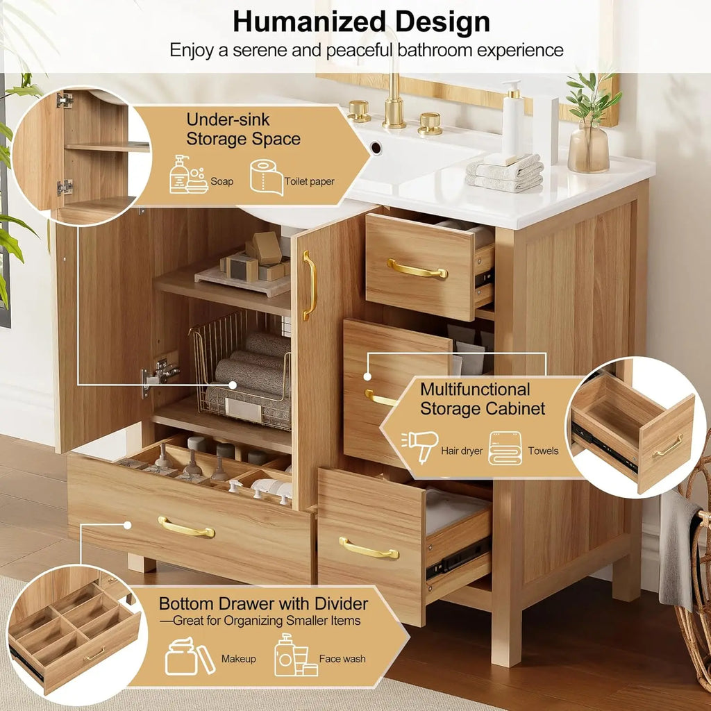 36in Wood Bathroom Vanity/Sink, 3 Drawer Storage Adjustable Shelf.