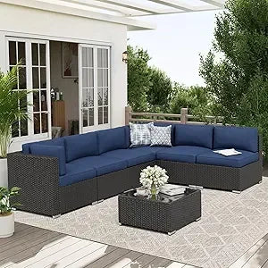 7-Piece Patio Sofa Black Rattan Wicker, Glass Top Table, Cushions