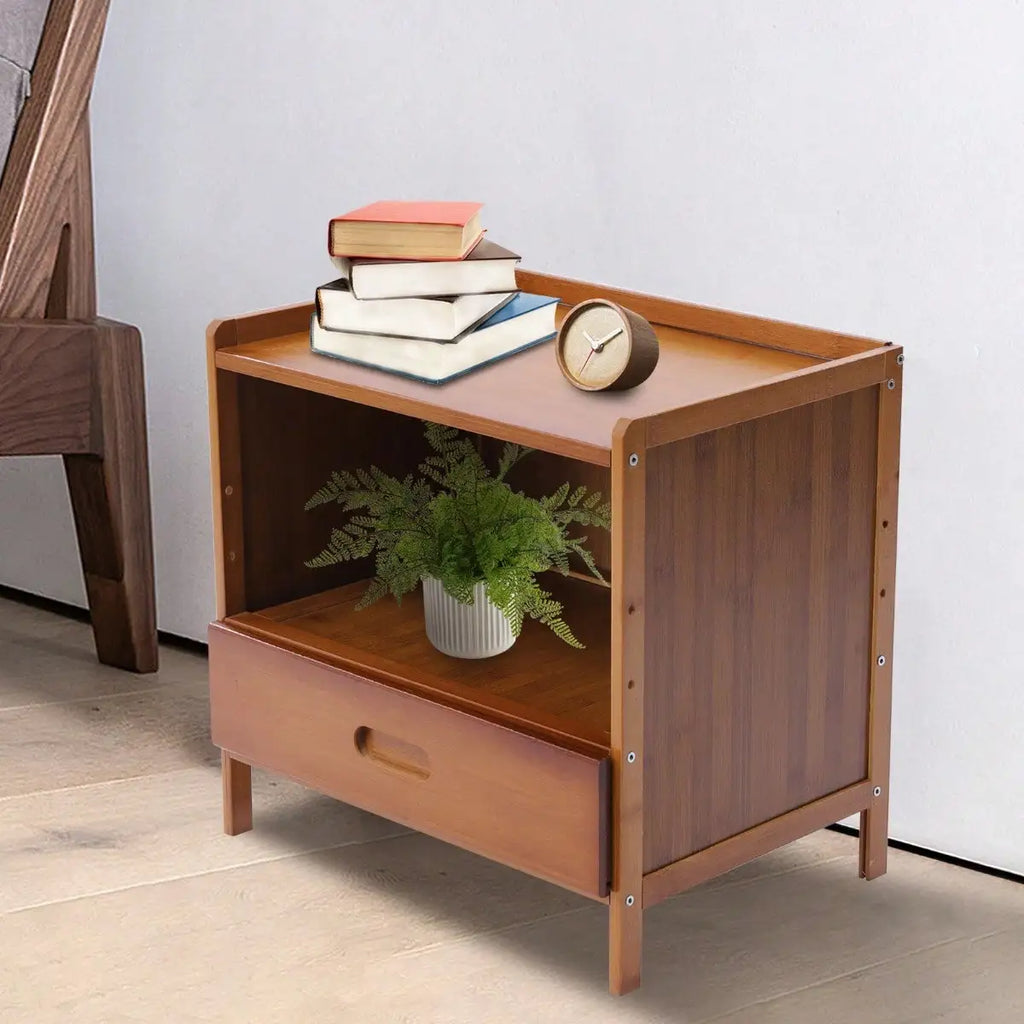 Nightstand Drawer And Open Shelf, Bamboo Cabinet