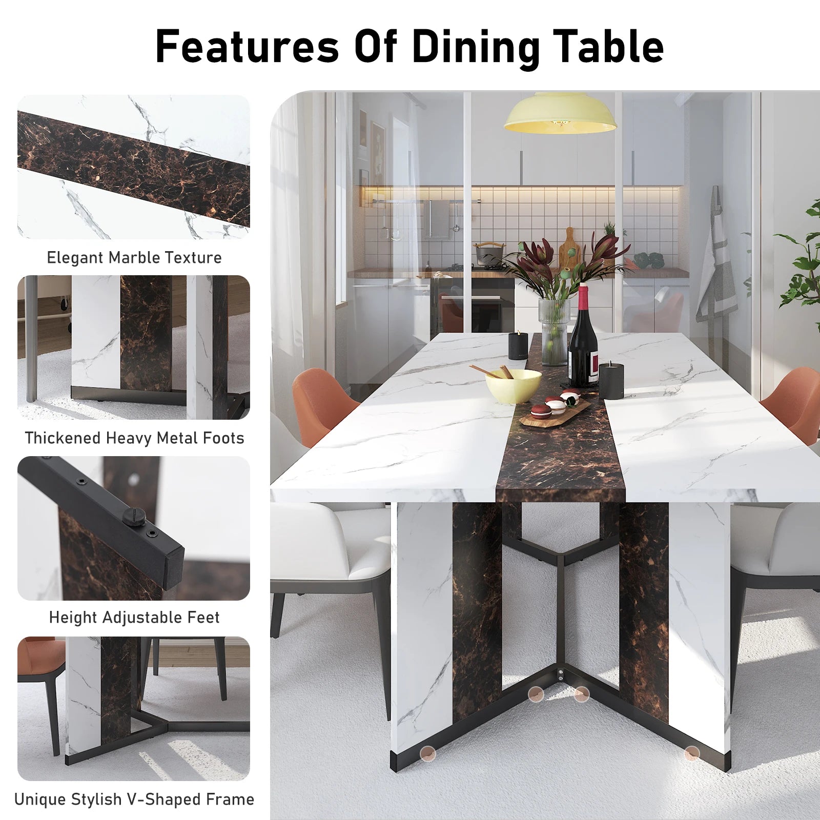 71IN Rectangular Table for 4-10 people, Marble Color Wood Tabletop, Metal Legs