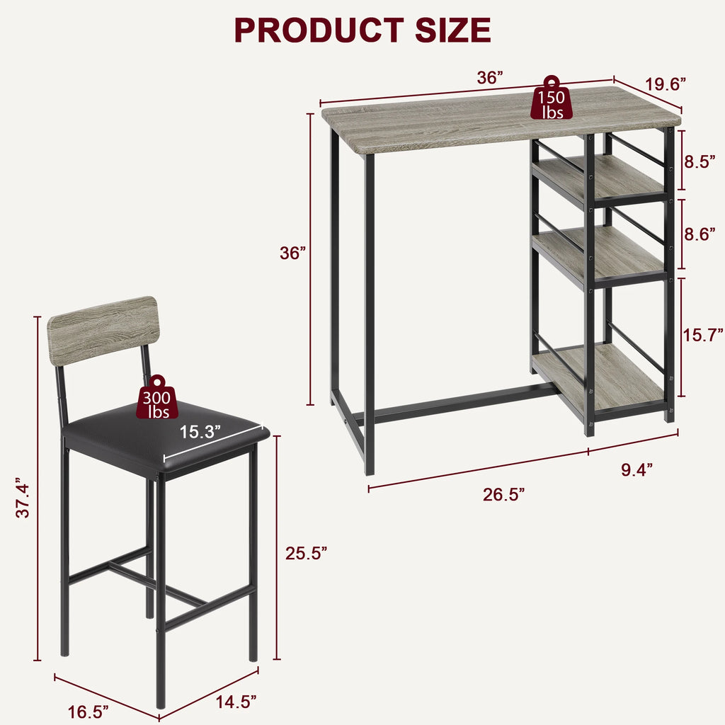 Dining Table Set, 3-Tier Shelves  with 2 Padded Chairs