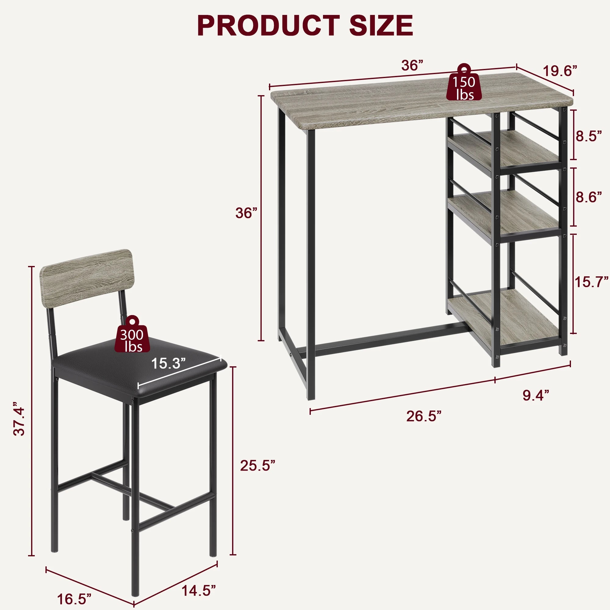 Dining Table Set, 3-Tier Shelves  with 2 Padded Chairs