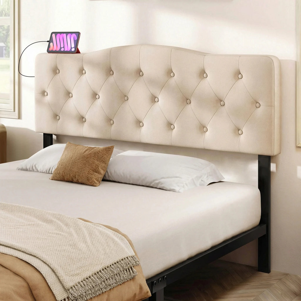 Headboard Queen & Full Size Bed, Tufted Upholstered w/2AC Outlets