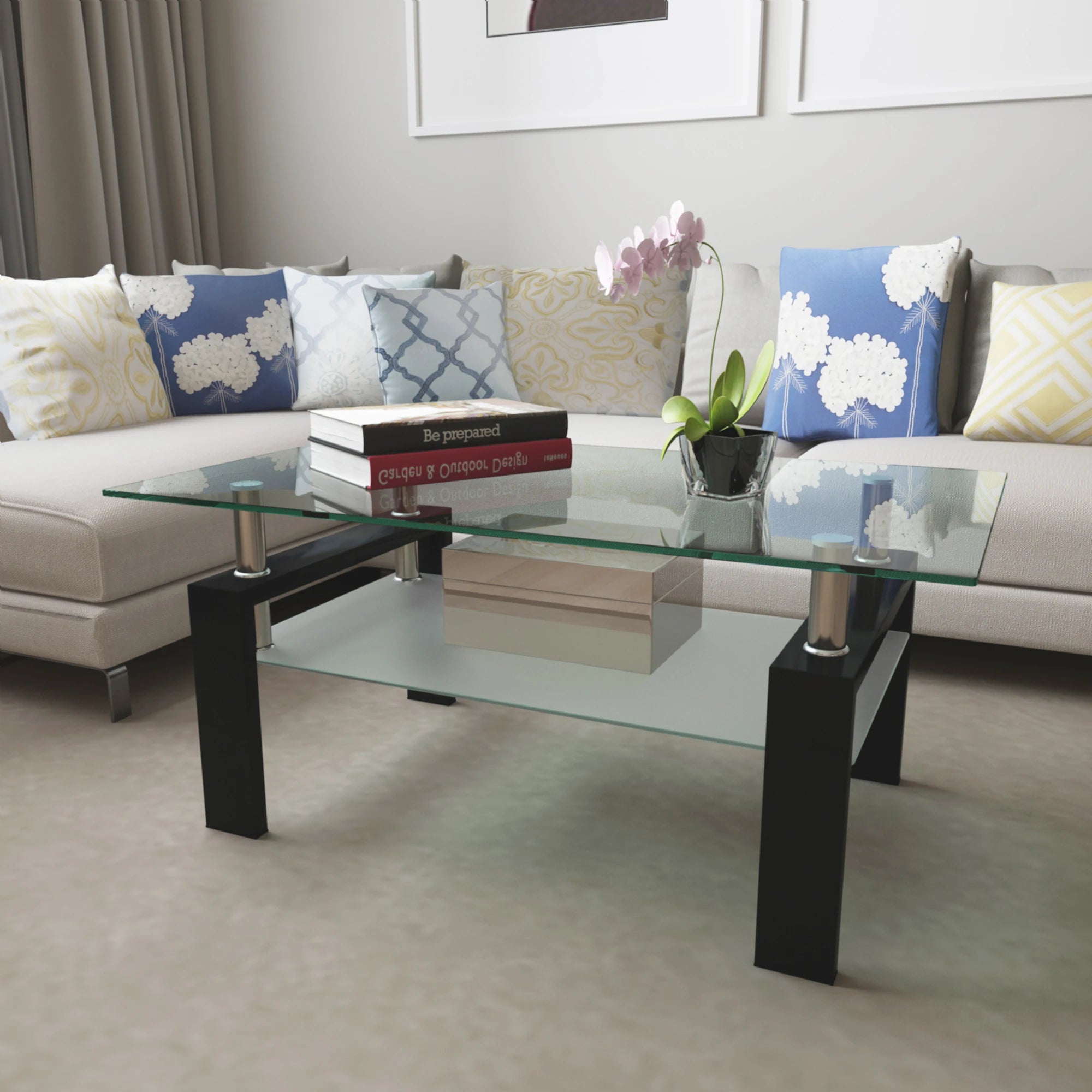 2-Tier Rectangle Black Clear Glass Coffee Table