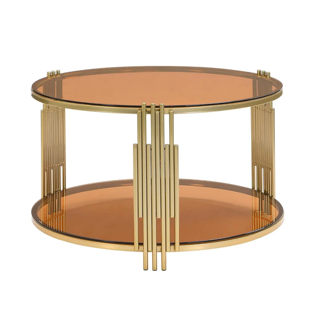 2-Tier Black, Brown or Clear Glass Coffee Table Gold Stainless Steel Base