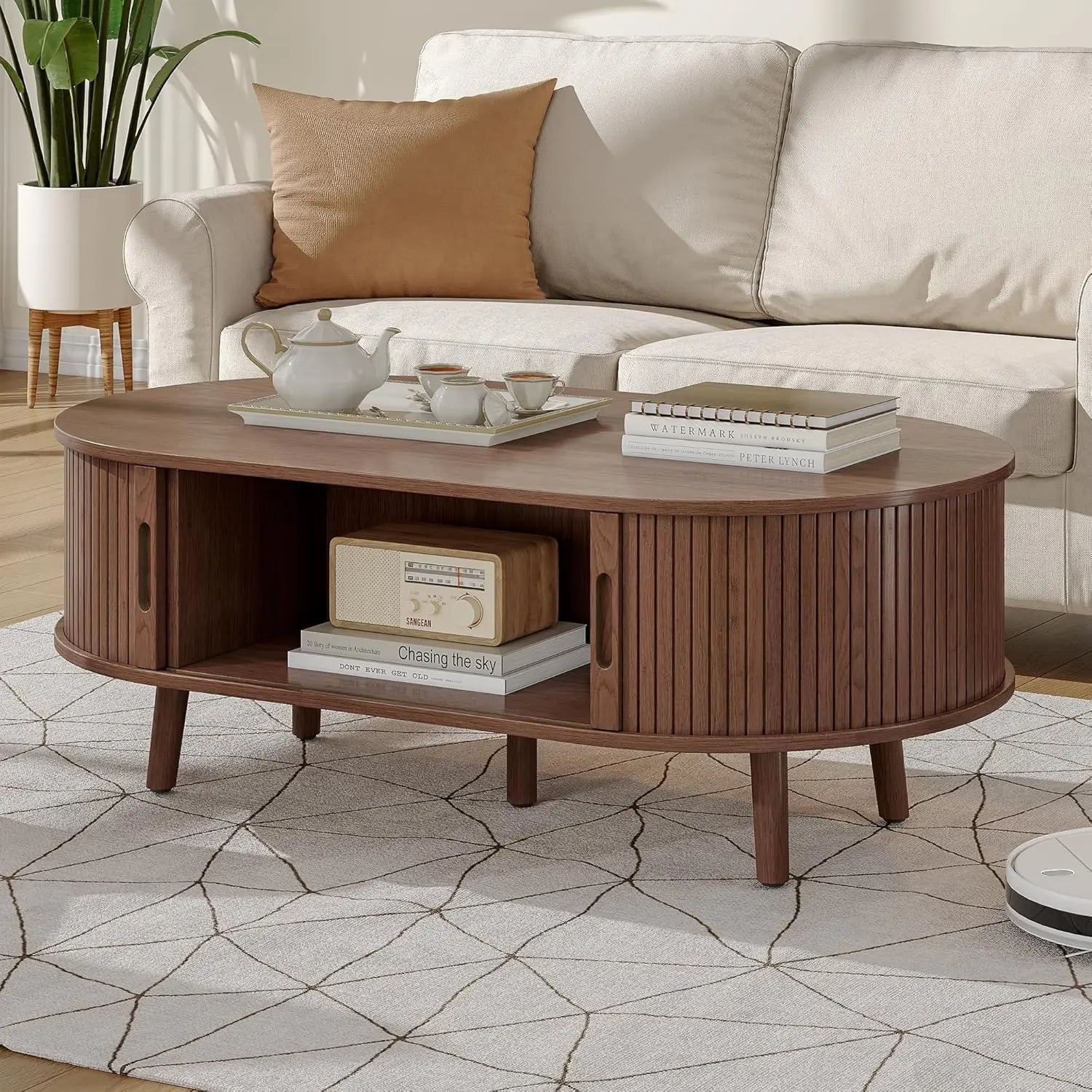 Oval Coffee Table Tambour Door Fluted Hidden Storage Walnut
