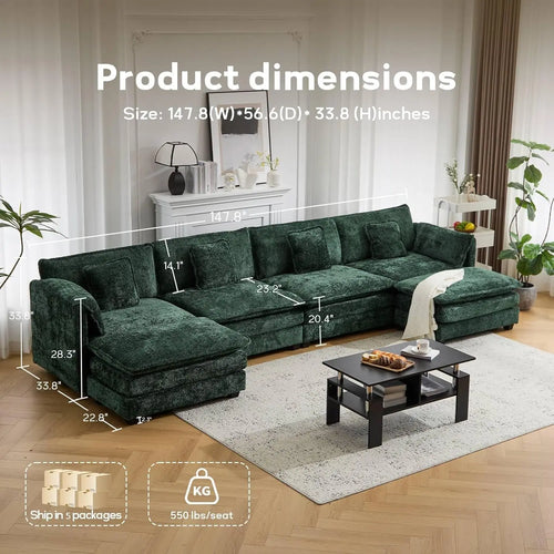 147.8" Cloud U-Shaped Modular Sectional Sofa, Movable Ottoman Deep Seat