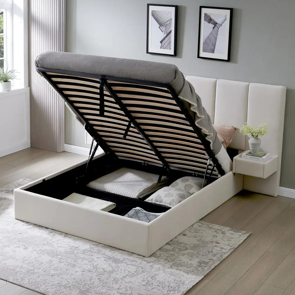 Velvet Headboard, Platform Bed Frame, Lift-Up Storage, Built-in Nightstands, No Box Spring Needed