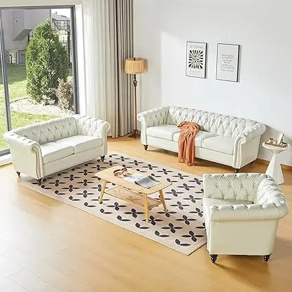 3-Piece Set, Velvet Chesterfield Sofa, Loveseat, Chair with Scroll Arms
