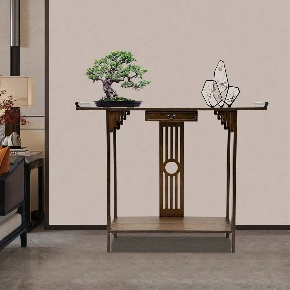 Walnut Bamboo Console Table Narrow Long Console