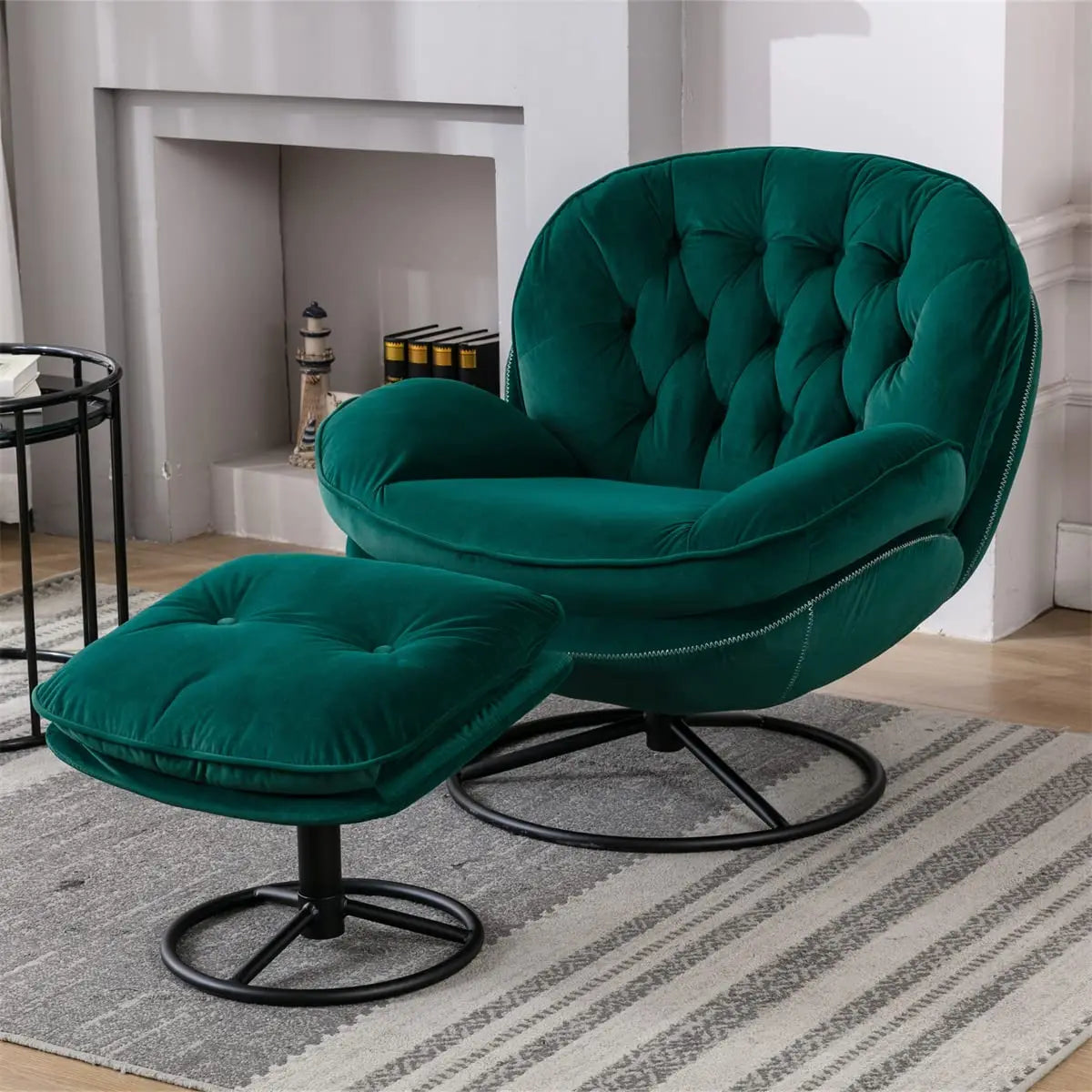 Swivel Accent Lounge Chair, Ottoman Set, Velvet Button Tufted Recliner