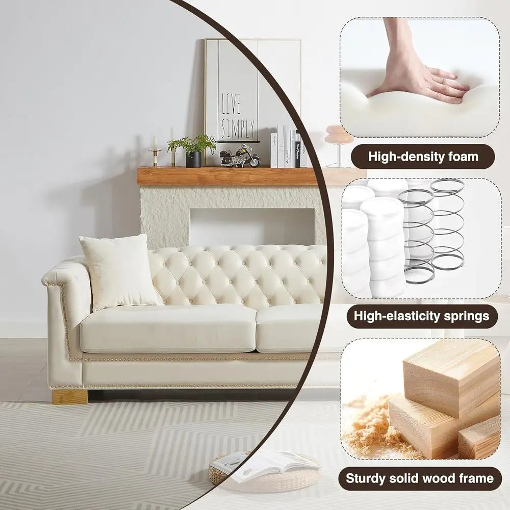 84IN Classic Chesterield Sofa - Velvet 3-Seater, Rolled Arms, Tuted Back & Studs