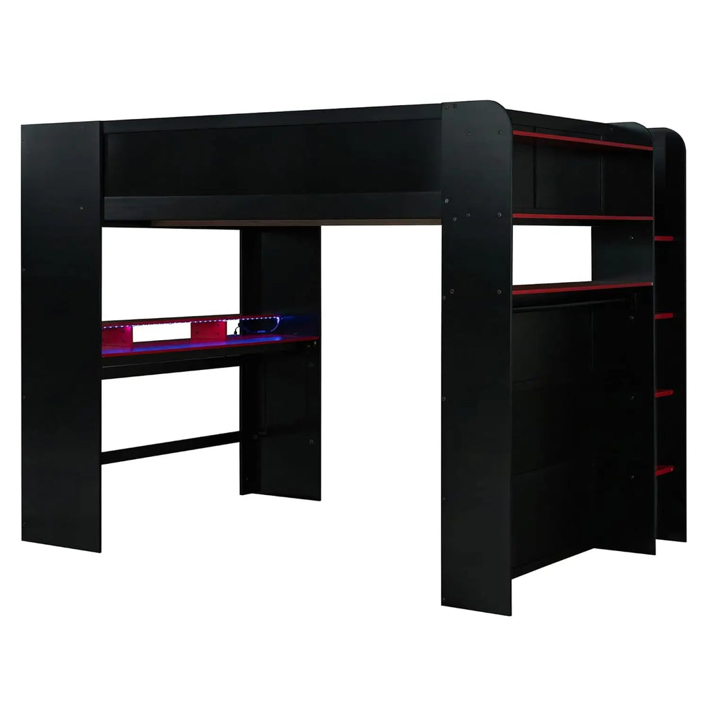 Full Size Wood Bunk Bed, Height-Adjustable Desk, Ample Wardrobe/Storage, RGB Light, Red