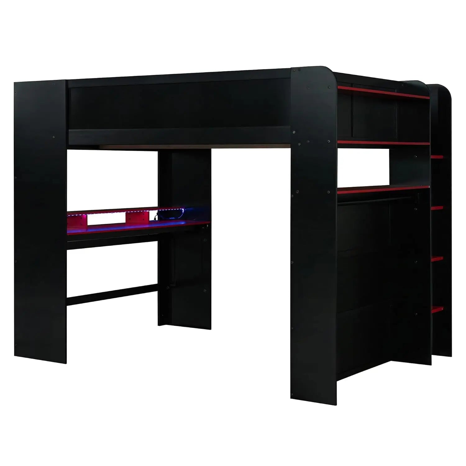 Full Size Wood Bunk Bed, Height-Adjustable Desk, Ample Wardrobe/Storage, RGB Light, Red