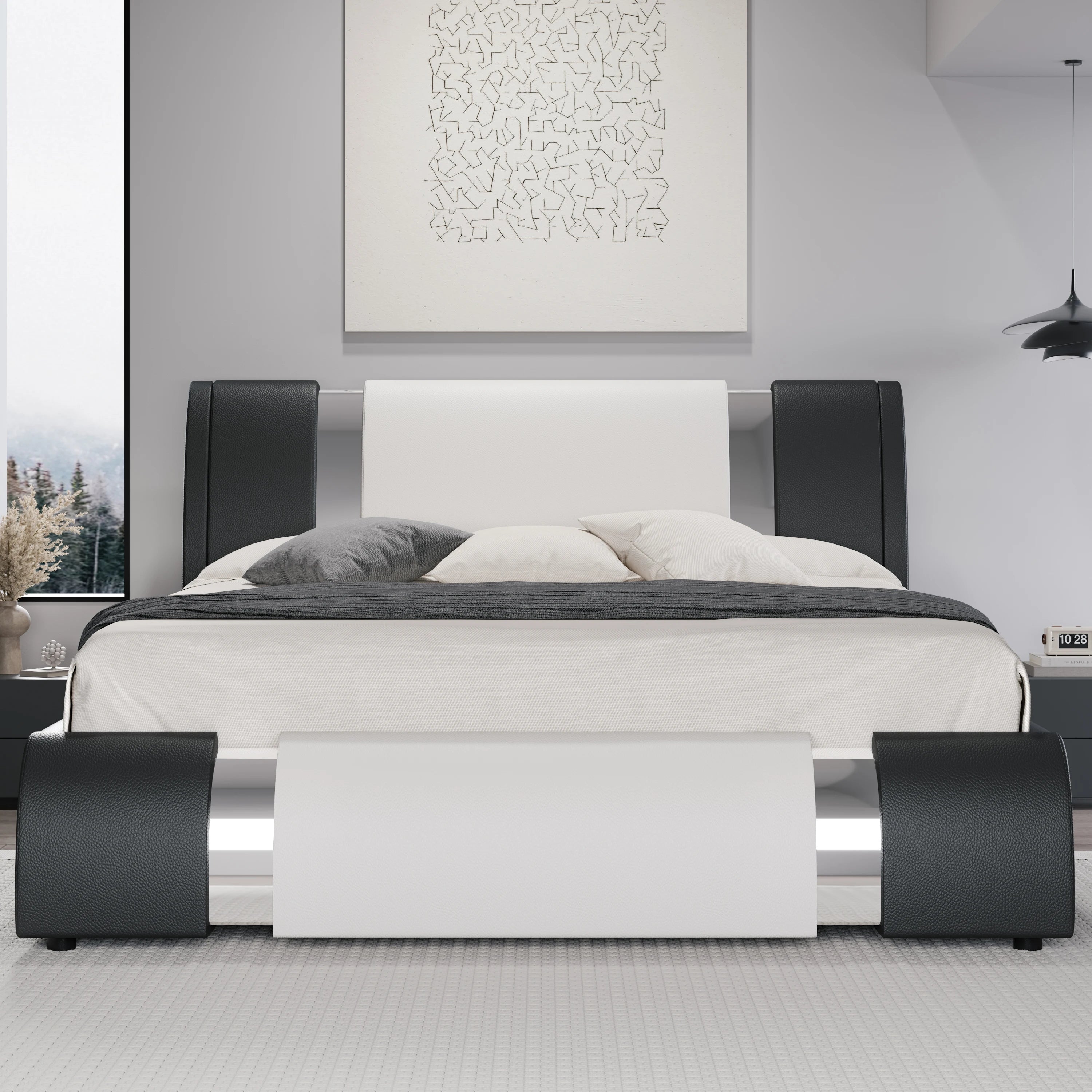 Faux Leather Low Profile Platform Bed Frame Height-Adjustable Headboard