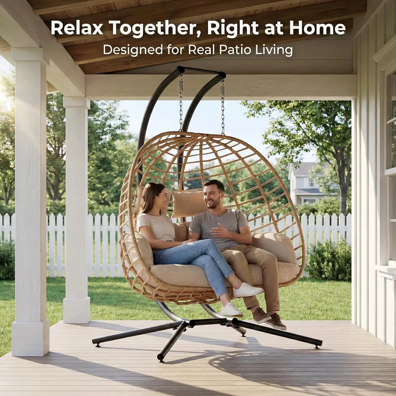 Double Hanging Egg Chair w/Stand, 2 Person Swing Chair w/Cushion