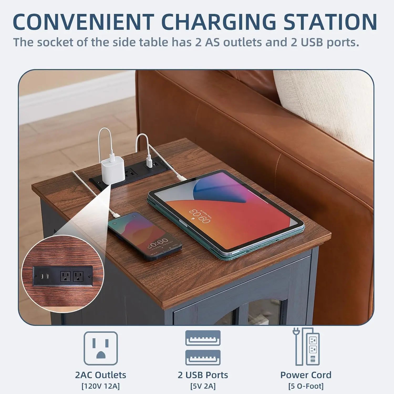 Narrow End Table Set of 2 Charging Station Glass Door
