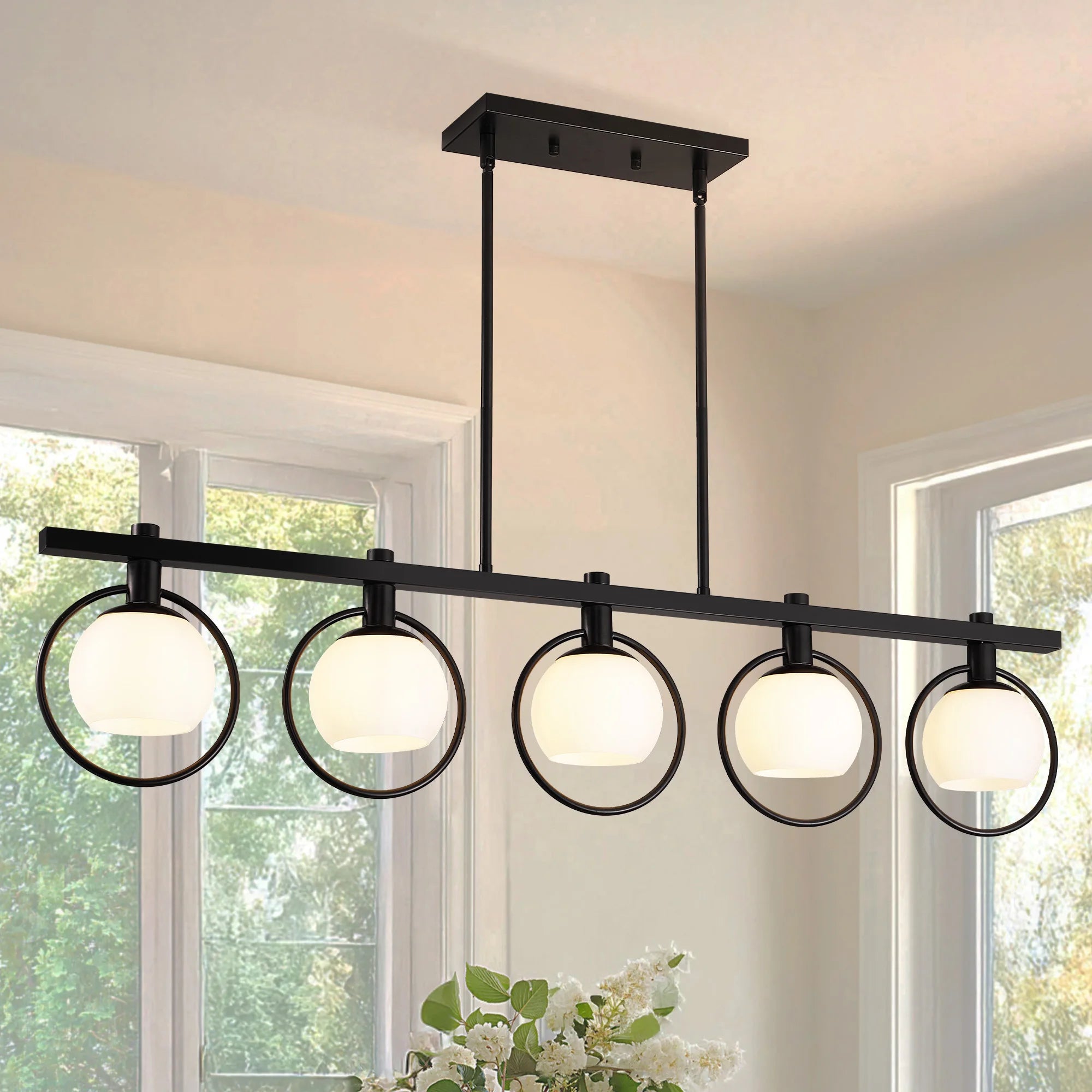5-Light Adjustable Chandelier with Glass Shades Black Metal Frame